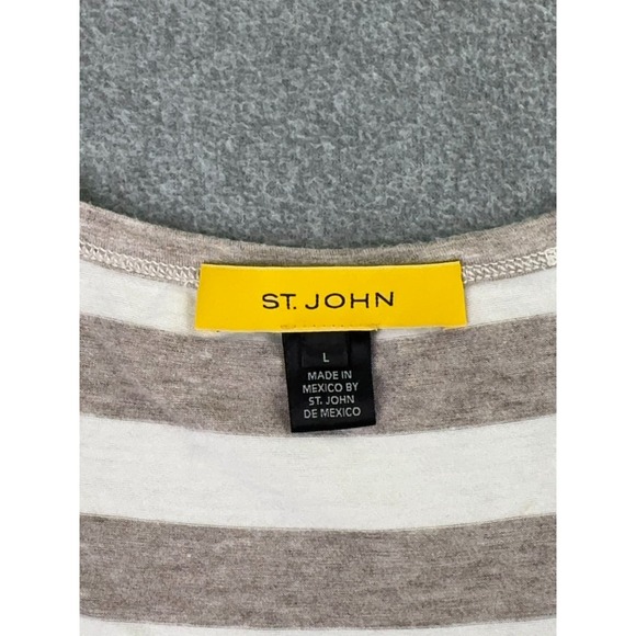 St John Blouse Women's Large Yellow Label Ivory Tan Stripe 3/4 Sleeve Zipper - Picture 2 of 10